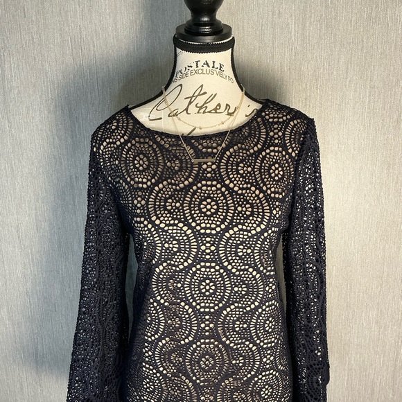 Emma & Michele Navy Lace Long Sleeve Dress Size Medium - Picture 3 of 12